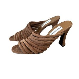VTG Y2K Newport News Suede Mule Heels 6.5 Ruched Strappy Slip On Brown Retro